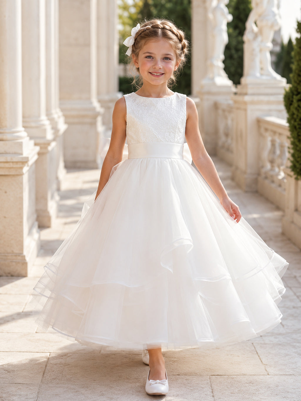 Flower Girl Dress Ivory Tulle A-Line Sleeveless Jewel Neck Tea Length Tiered Skirt front view