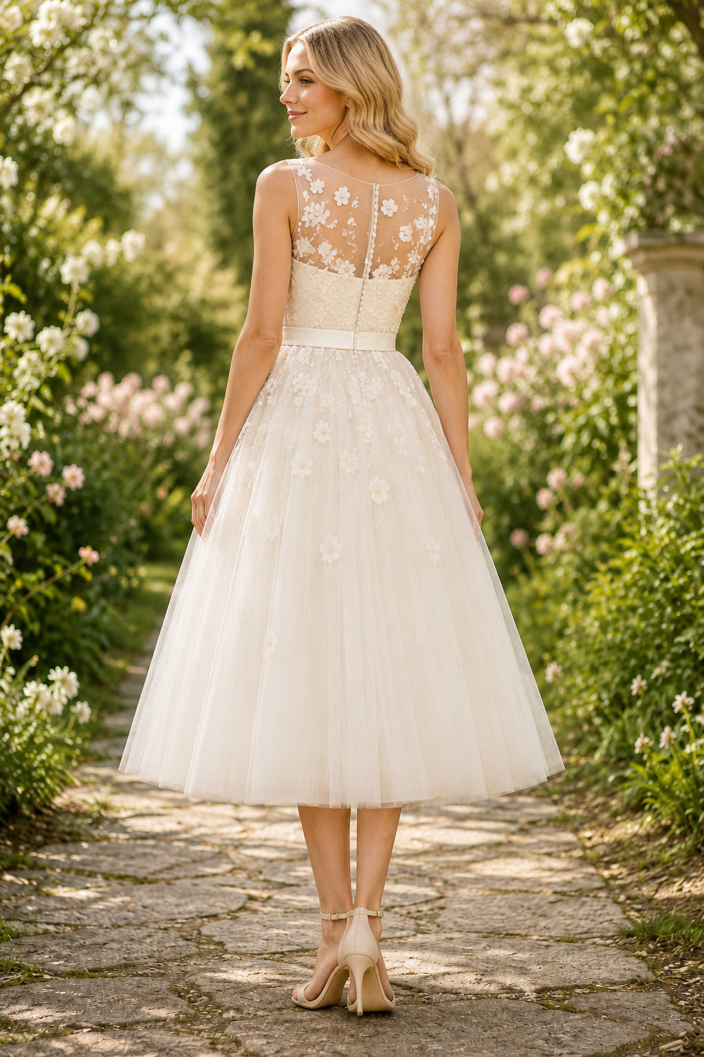 Ivory Sleeveless Lace Tea-Length Wedding Dress with Illusion Back back view