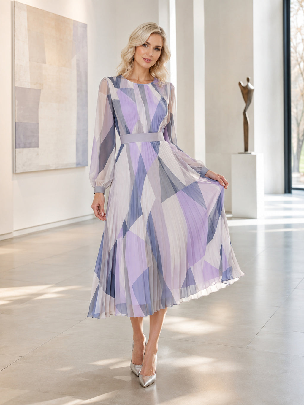Lavender Geometric Long Sleeve Chiffon Guest Midi Dress front view