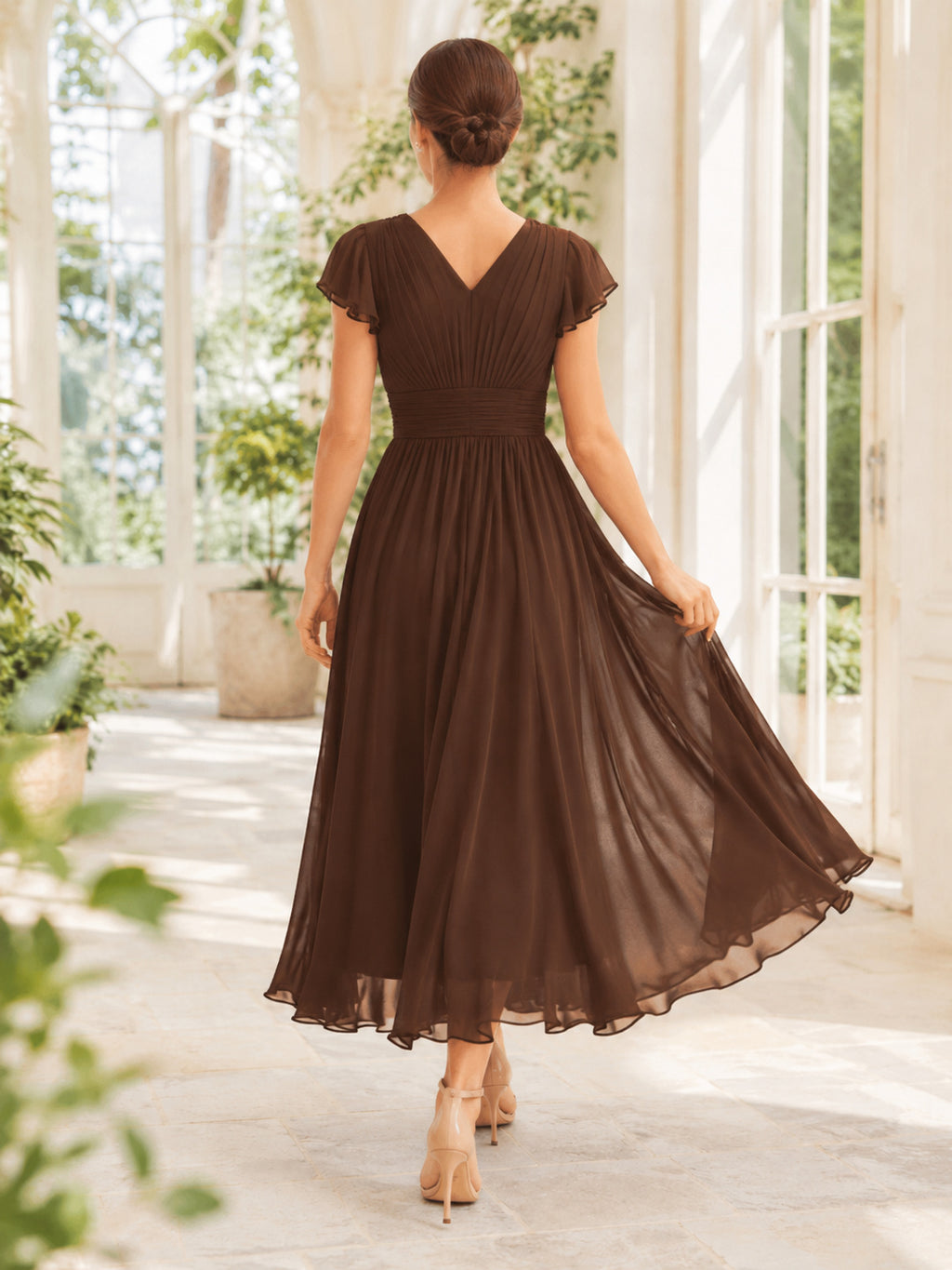 Chocolate Brown Flutter Sleeve Chiffon Tea Length A Line Guest Dress back view