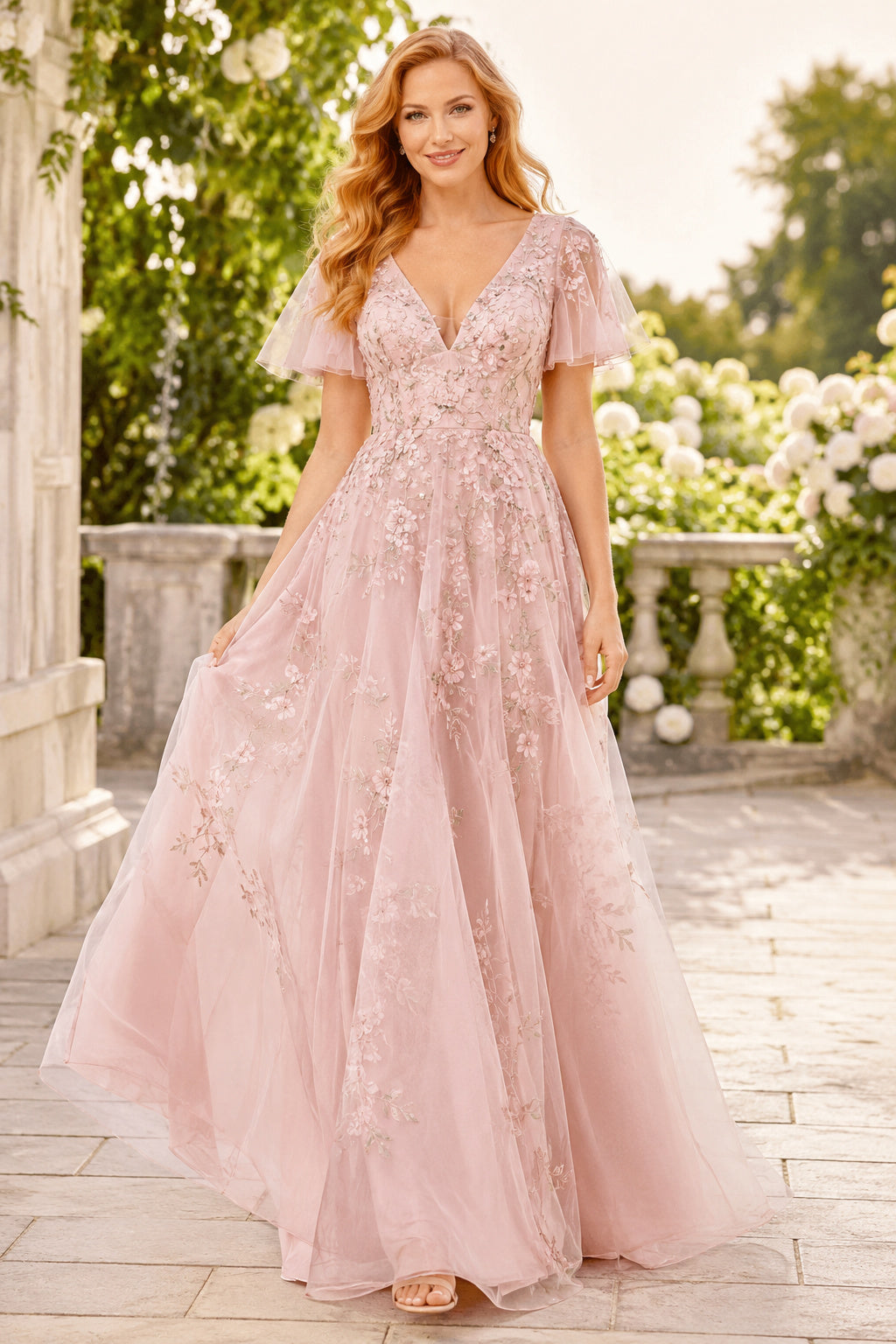 Blushing Pink Short Sleeve Lace Tulle A-Line Formal Dress with V-Neck front view