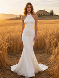 Country Chiffon Wedding Dress Sheath Halter Sleeveless Floor Length Bridal Gown front view
