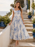 Ivory Blue Floral Square Neck Tea Length Guest Dress front view