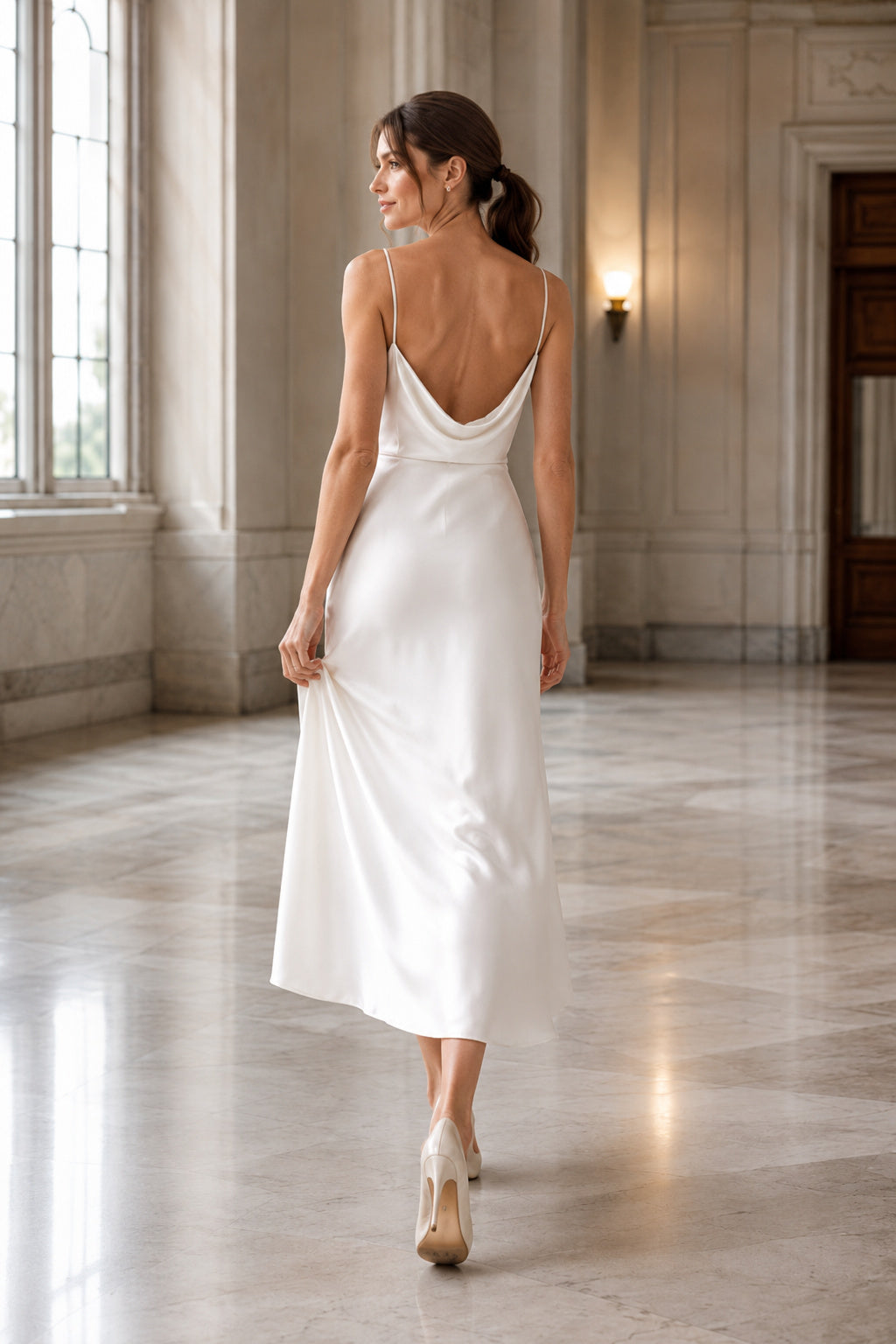 Spaghetti Strap Cowl Neck Satin Ankle-Length Wedding Dress back view