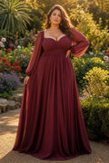 Burgundy Square Neck Floor-Length Chiffon A-Line Dress