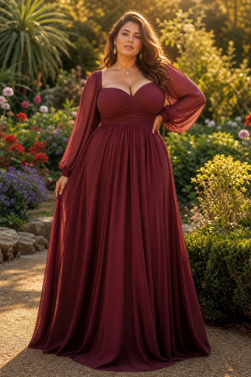 Burgundy Square Neck Floor-Length Chiffon A-Line Dress