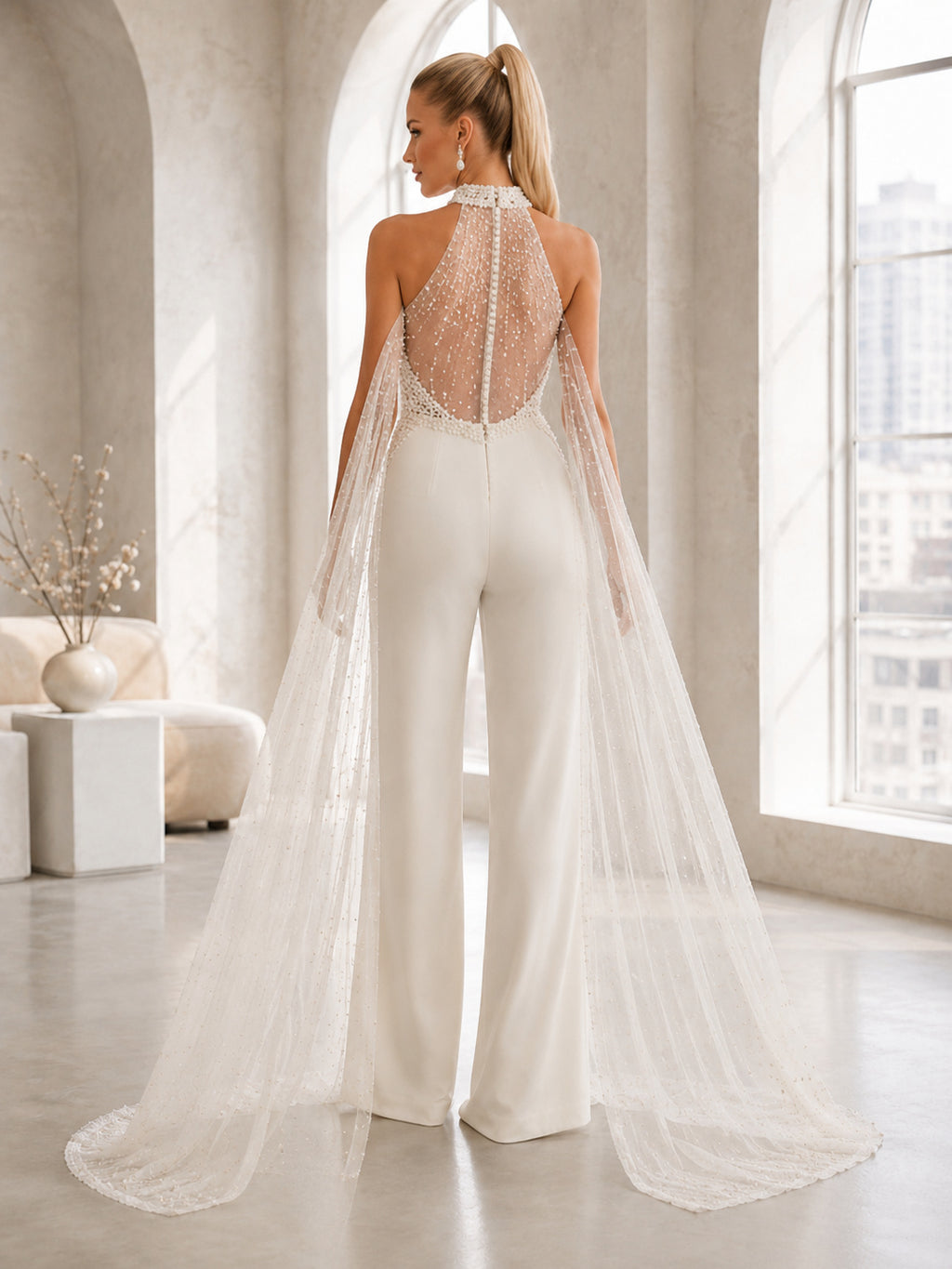 Beaded Halter Satin Chiffon Wedding Jumpsuit Sleeveless Sweep Train back view