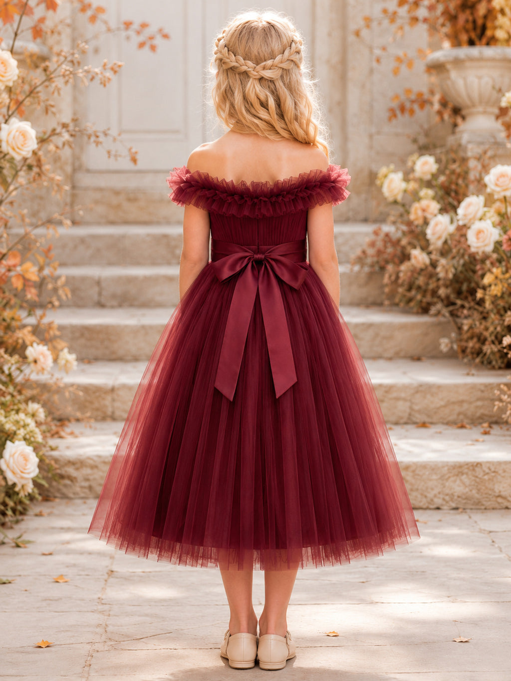 Princess Tea-Length A-Line Garden Flower Girl Burgundy Satin Tulle Off-the-shoulder Ruffle Bow Dress back view
