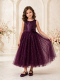 Plum Sequined Tulle Sleeveless A-Line Flower Girl Party Tea-Length Sash Dress front view