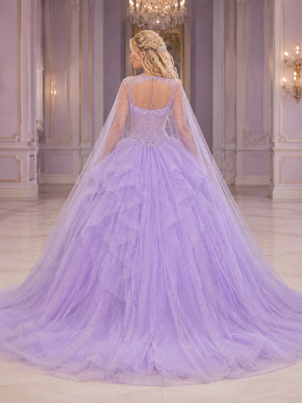 Lilac Luxury Removable Crystal Cape Layered Tulle Quinceanera Princess Ball Gown back view