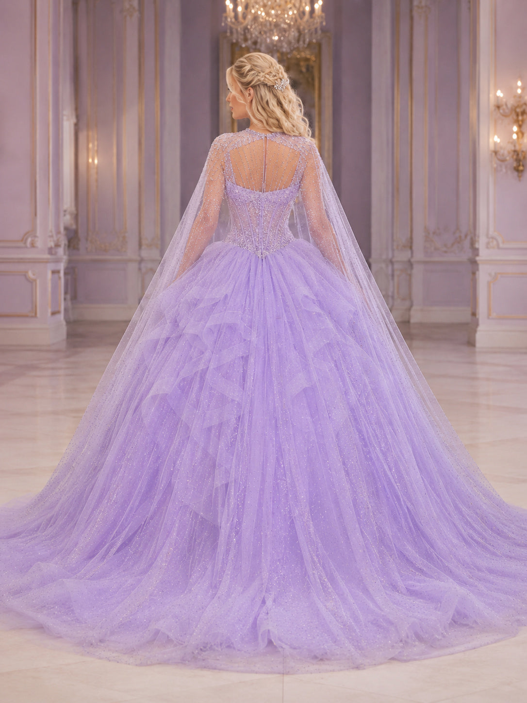 Lilac Luxury Removable Crystal Cape Layered Tulle Quinceanera Princess Ball Gown back view