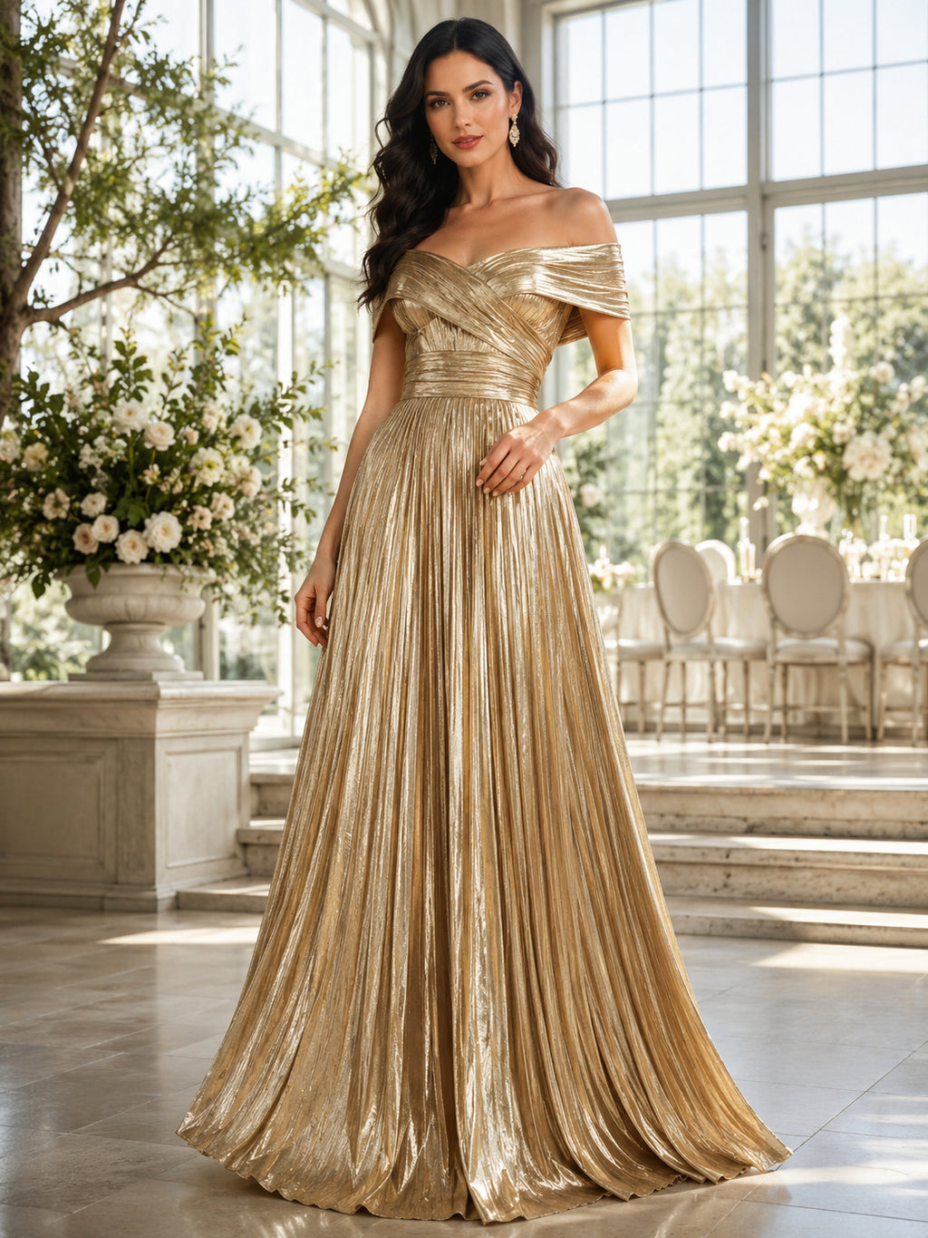Gold Metallic Off Shoulder Pleated Floor Length Guest Dress front view