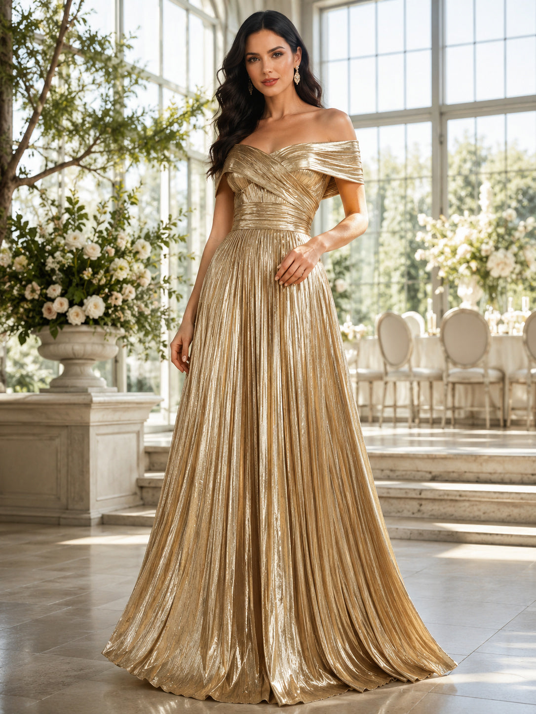 Gold Metallic Off Shoulder Pleated Floor Length Guest Dress front view