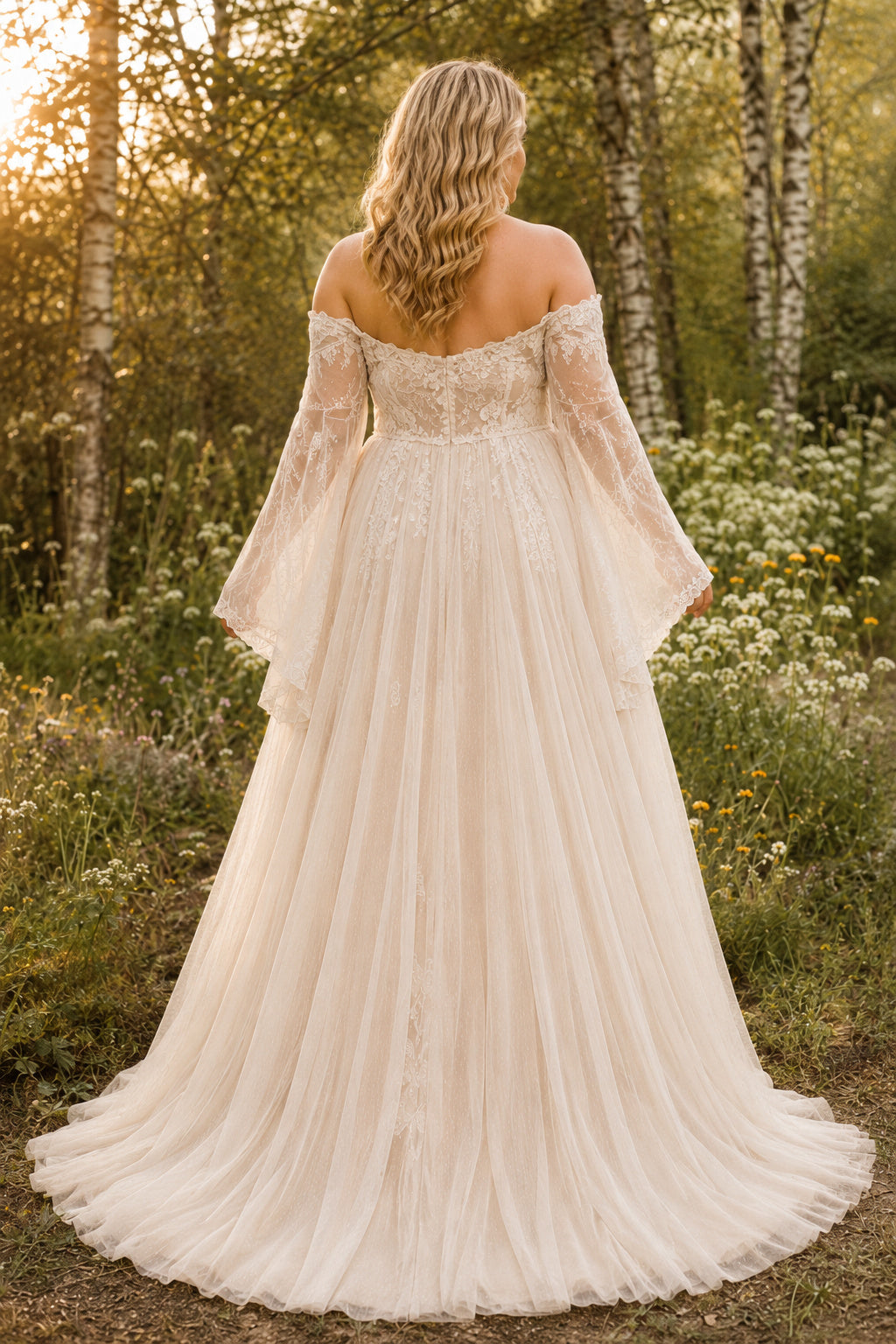 Ivory Plus Size Off-the-Shoulder Lace A-Line Wedding Dress with Bell