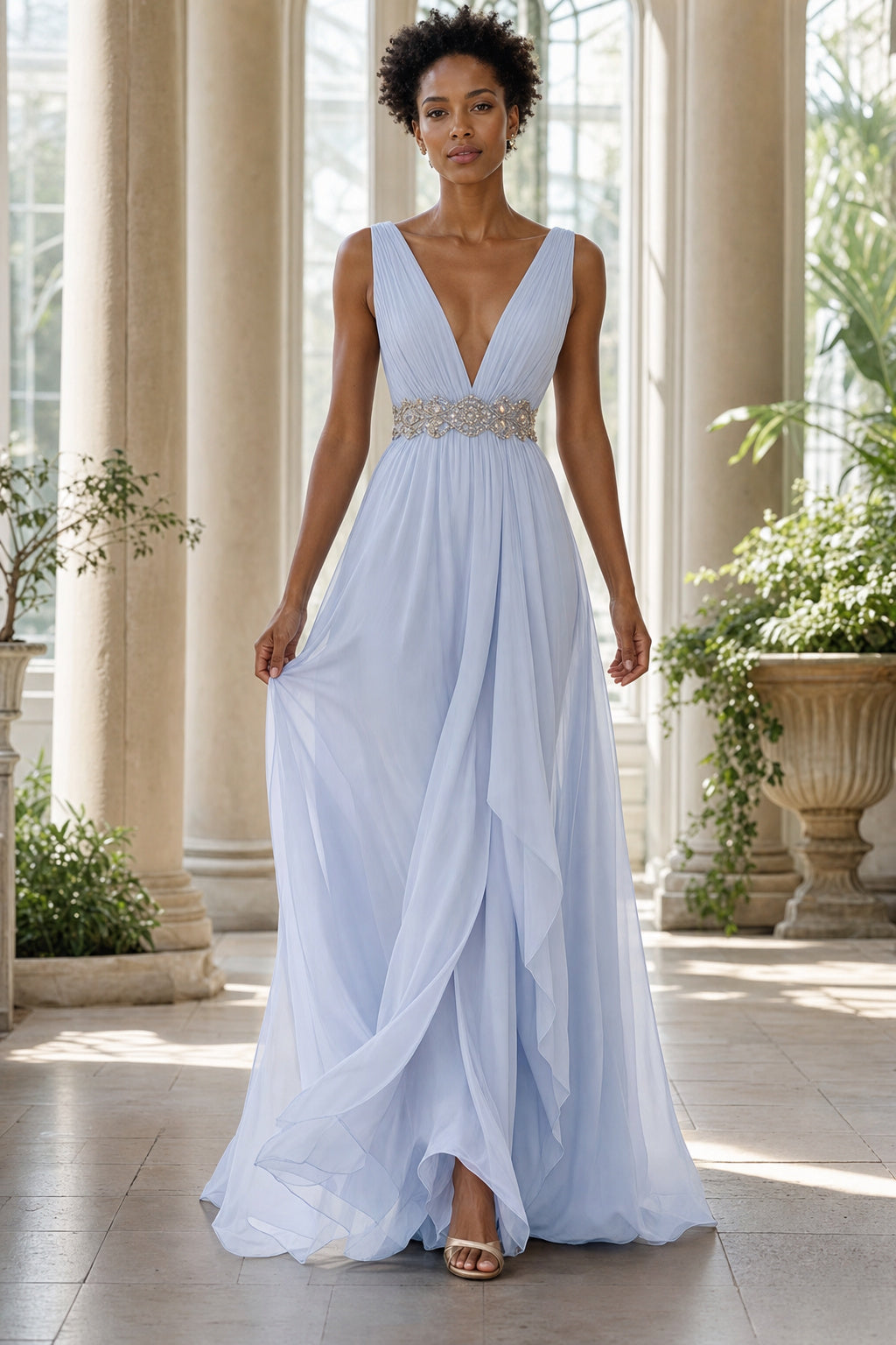 V-neck Sleeveless A-Line Chiffon Floor-Length Dress With Beaded Waist