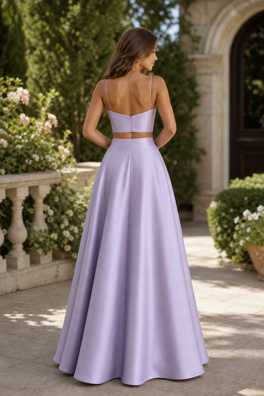 Lavender Two-Piece Floor-Length Satin A-Line Dress