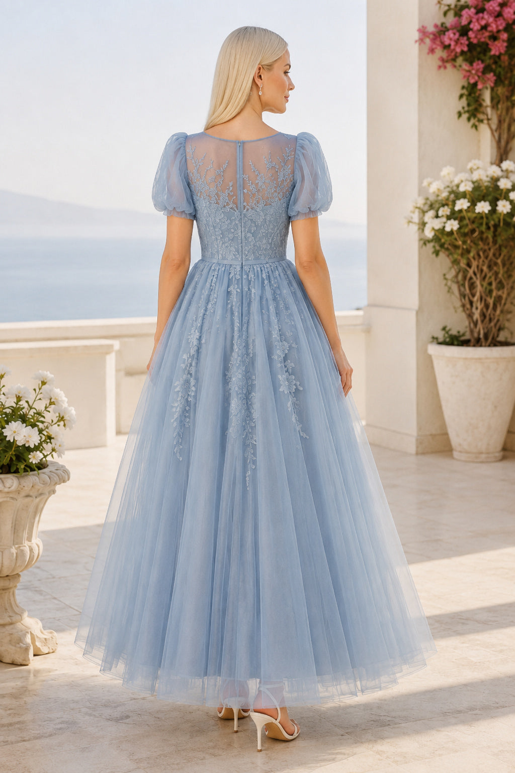Sky Blue Puff Sleeve Lace Applique Bodice with Tulle Skirt Tea Length A-Line Prom Dress back view