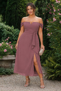 Mauve Off-the-Shoulder Midi Chiffon Wrap A-Line Dress