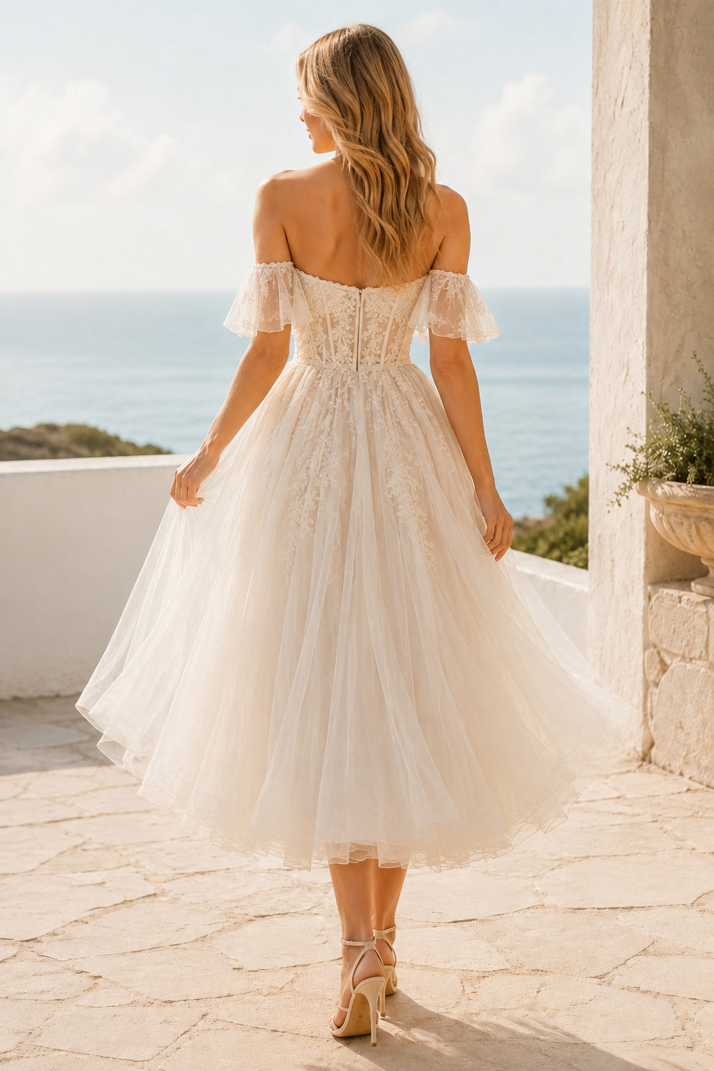 Ivory Off Shoulder Applique Tulle Tea Length Wedding Dress for Wedding Reception and Party Style MG_700994 back view