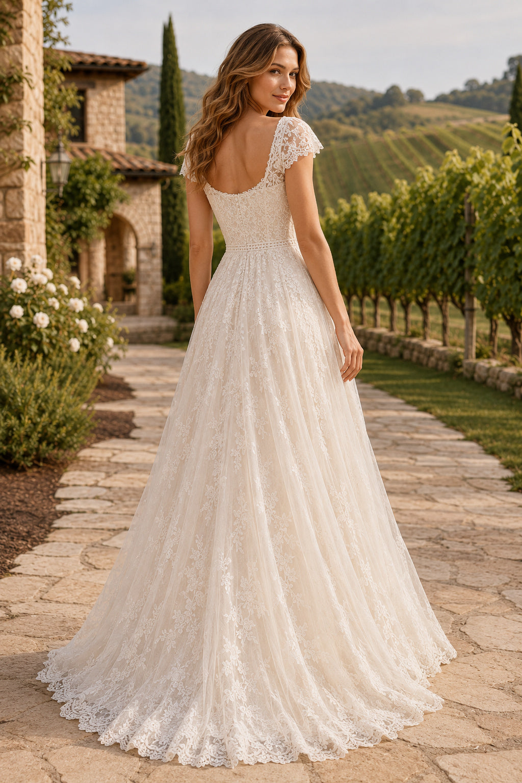 Ivory Cap Sleeve Lace A-Line Wedding Dress with Square Neckline and Sweep Train back view