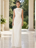 Ivory Modern High-Neck Sleeveless Sheath Floor-Length Mother of the Bride Column Dress with Diagonal Draping front view