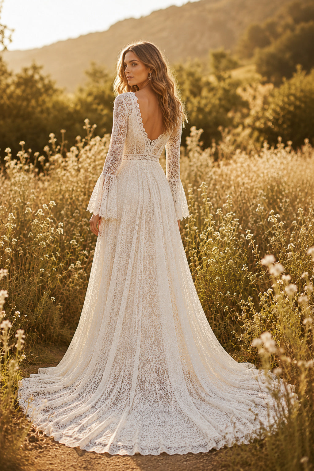 Ivory Long Bell Sleeve Boho Lace A-Line Wedding Dress with Deep V-Neck back view