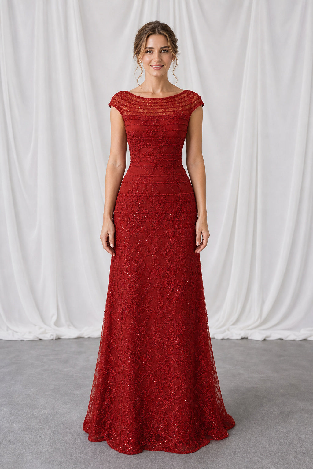 Red Bateau Cap Sleeve Mermaid Lace Floor-Length Dress