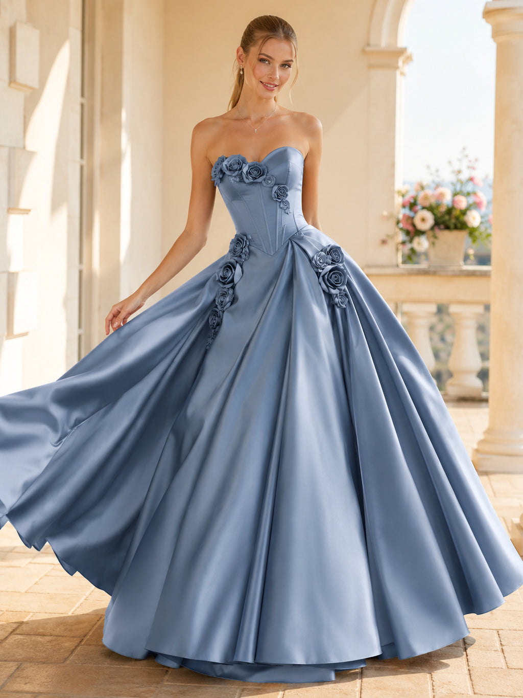 Steel Blue Elegant Strapless Sweetheart Rosette Pleated Satin Quinceanera Princess Formal Ball Gown front view