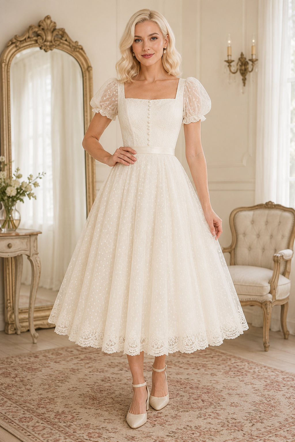 Ivory Square Neck Puff Sleeve Tea Length Wedding Dress for Wedding Ceremony and Reception front view