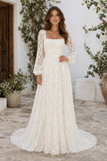 Ivory Square Neck Long Sleeve Lace A-Line Wedding Dress with Full Train front view