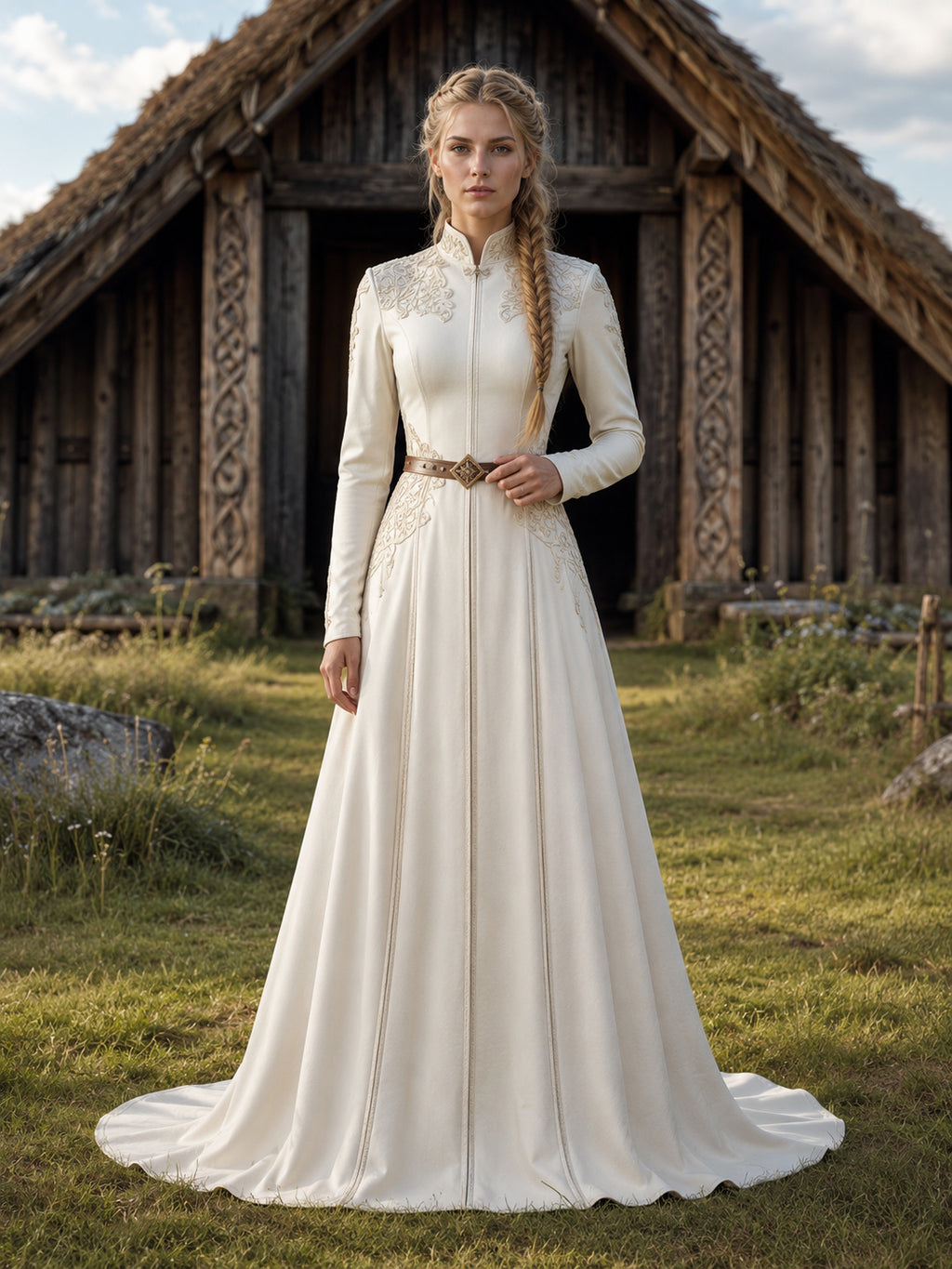 Viking Inspired High Neck Long Sleeve Satin A-Line Sweep Train Modest Nordic Wedding Gown front view