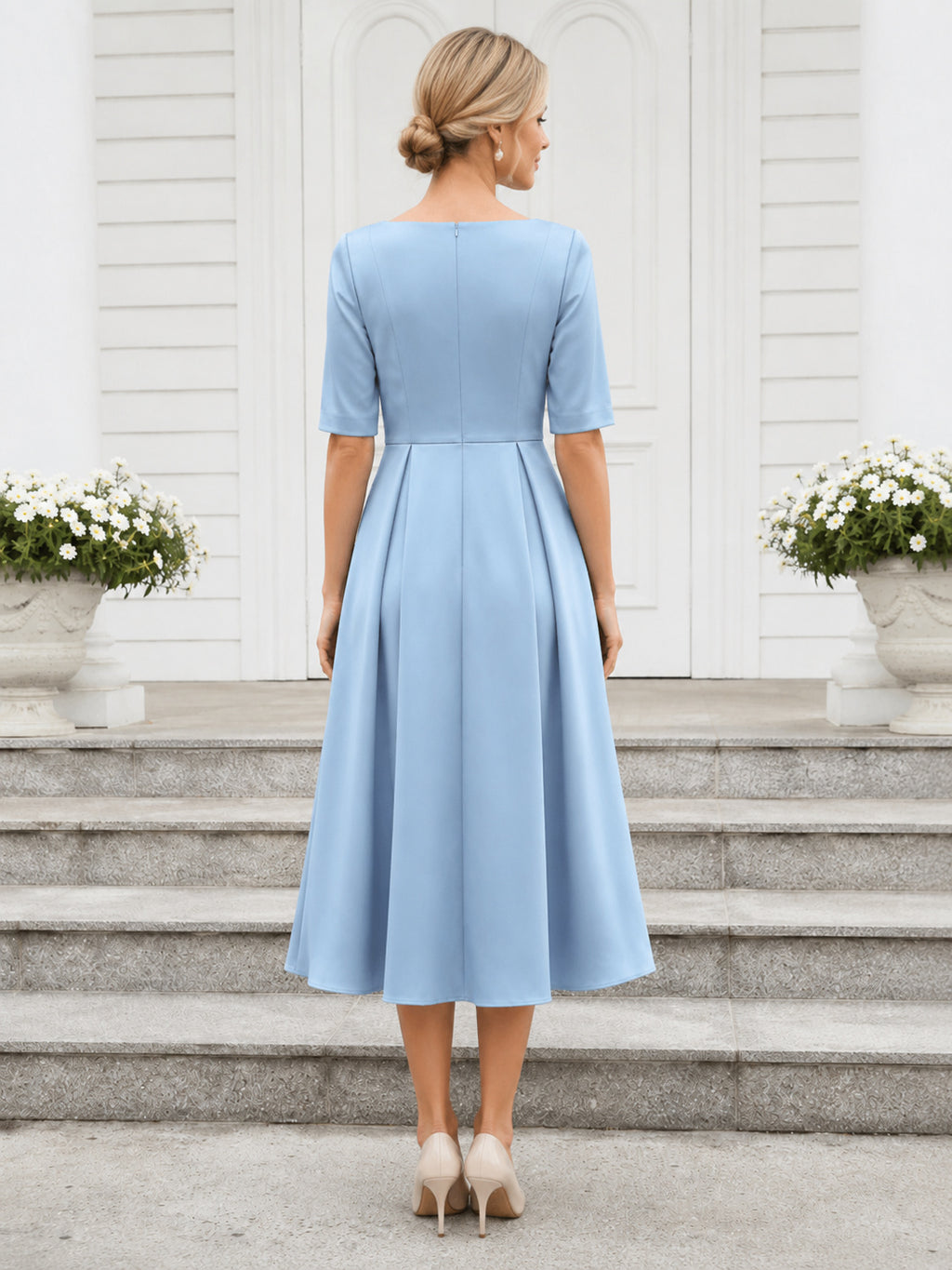 Light blue half sleeve square neck modest chapel midi dress back view