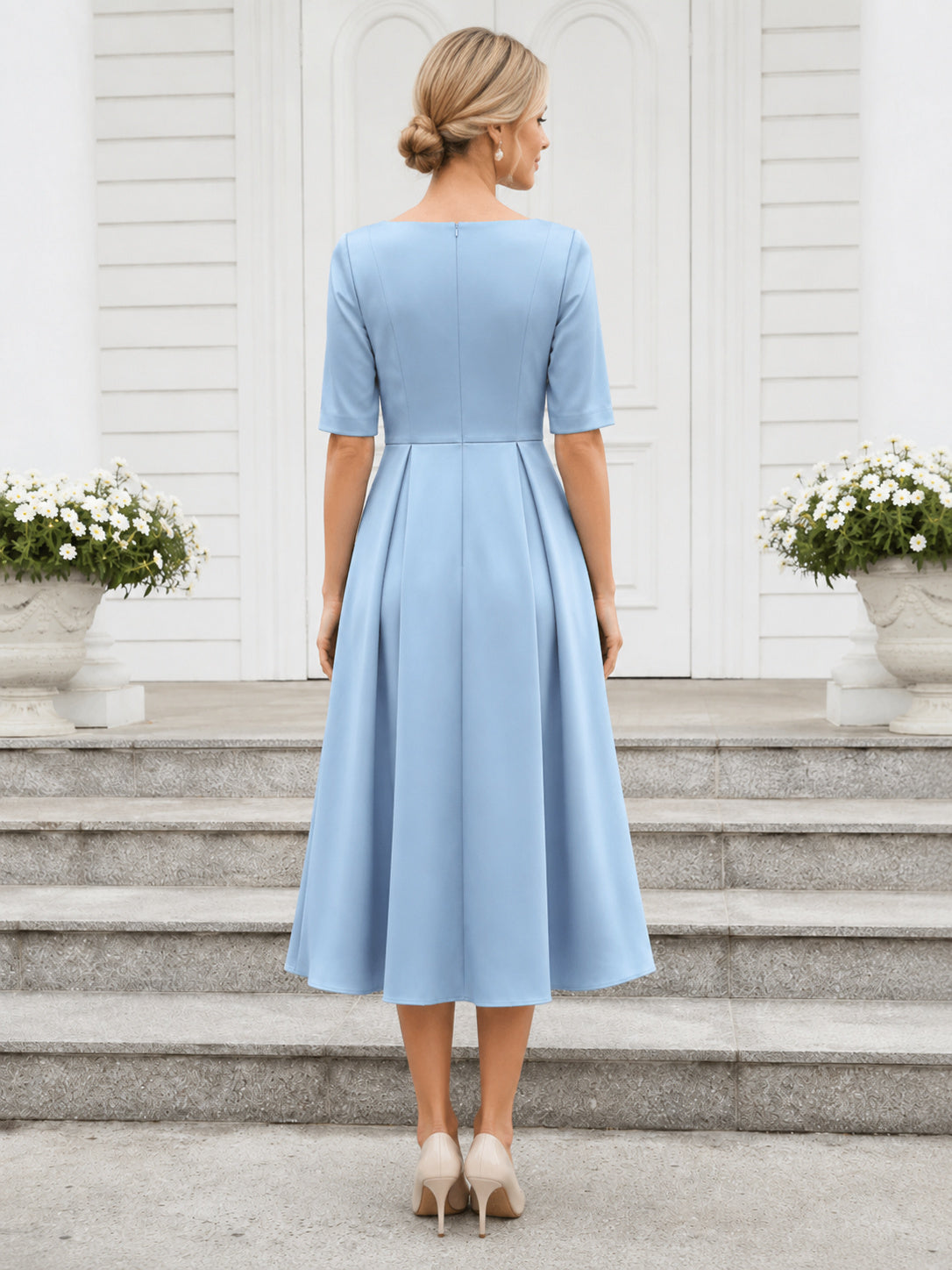 Light blue half sleeve square neck modest chapel midi dress back view