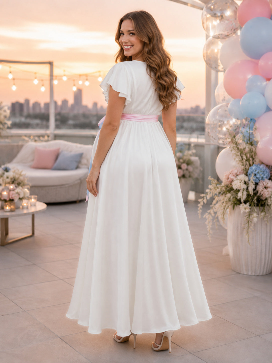 Ivory Gender Reveal Maternity V Neck Flutter Sleeve Ribbon Satin Ankle Length Party Dress back view