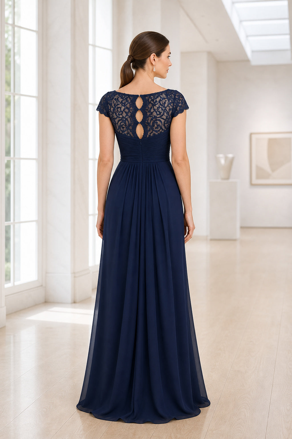 Navy Bateau Cap Sleeve A-Line Chiffon Floor-Length Dress With Keyhole Back