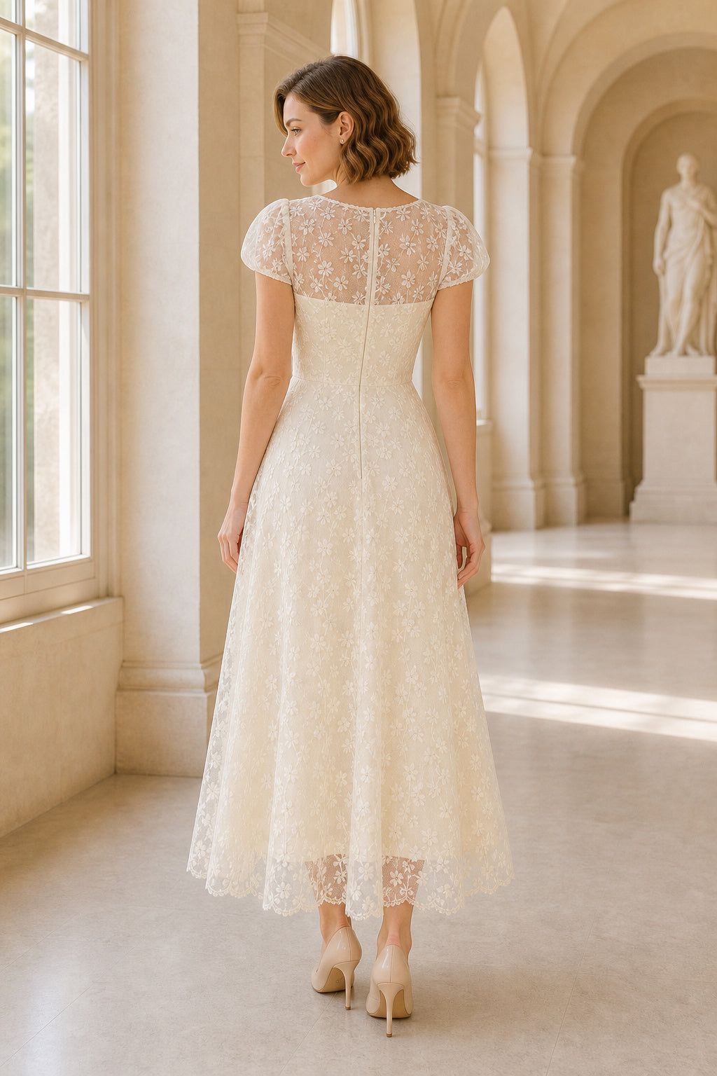 Champagne Bateau Short Sleeves A-Line Lace Tea-length Dress With Lace