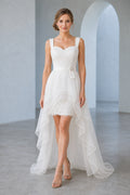 White Scoop Spaghetti Straps A-Line Tulle High-low Dress With High-Low Skirt and Sash and Lace-up Back