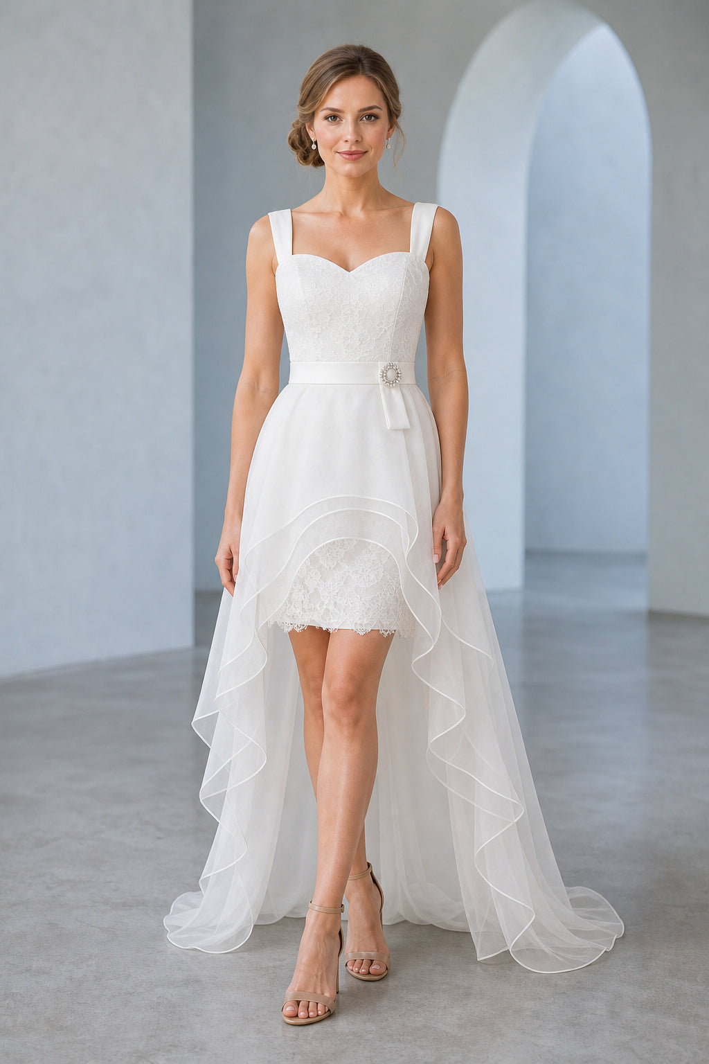 White Scoop Spaghetti Straps A-Line Tulle High-low Dress With High-Low Skirt and Sash and Lace-up Back