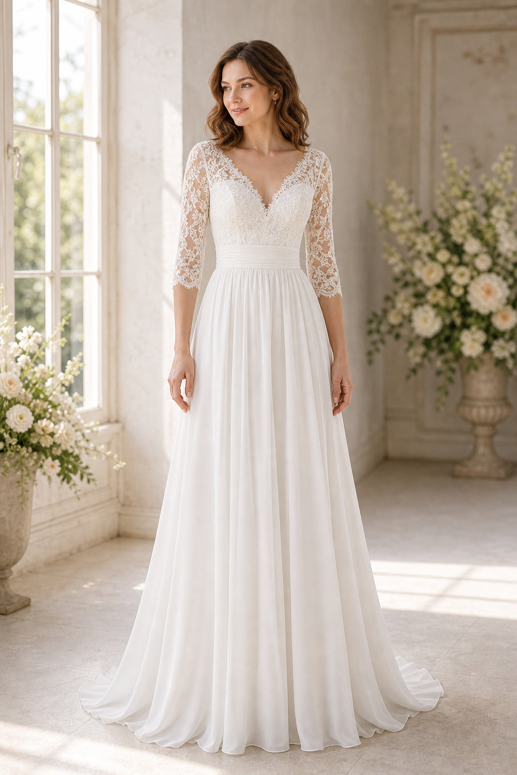 Champagne Halter A-Line Crepe Floor-length Wedding Dress With Lace Bodice and Sweep Train and Open Back