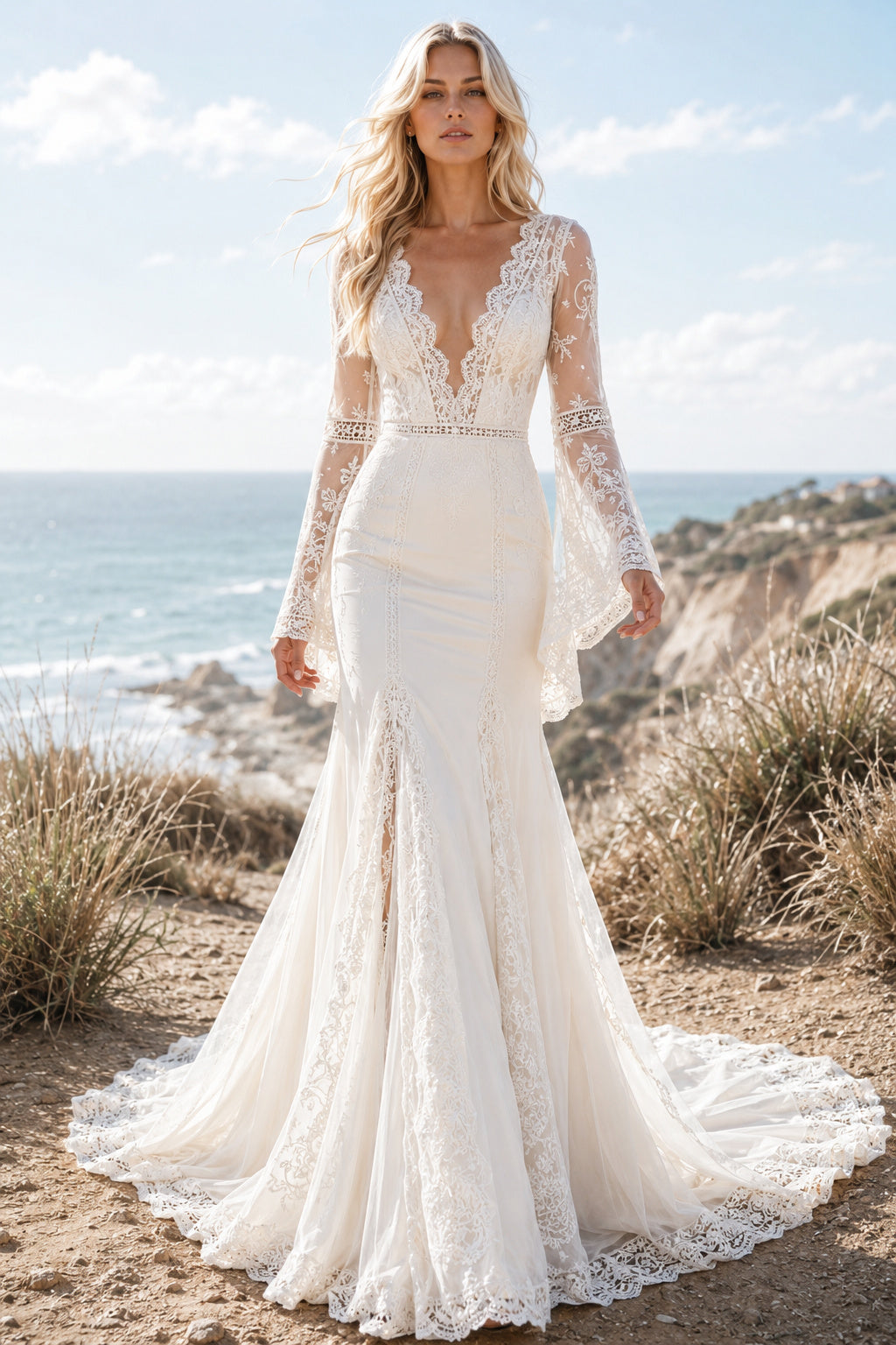 Ivory Long Bell Sleeve V-Neck Lace Mermaid Wedding Dress Train for Wedding Ceremony and Reception Style MG_701465 front view