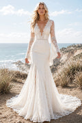 Ivory Long Bell Sleeve V-Neck Lace Mermaid Wedding Dress Train for Wedding Ceremony and Reception Style MG_701465 front view