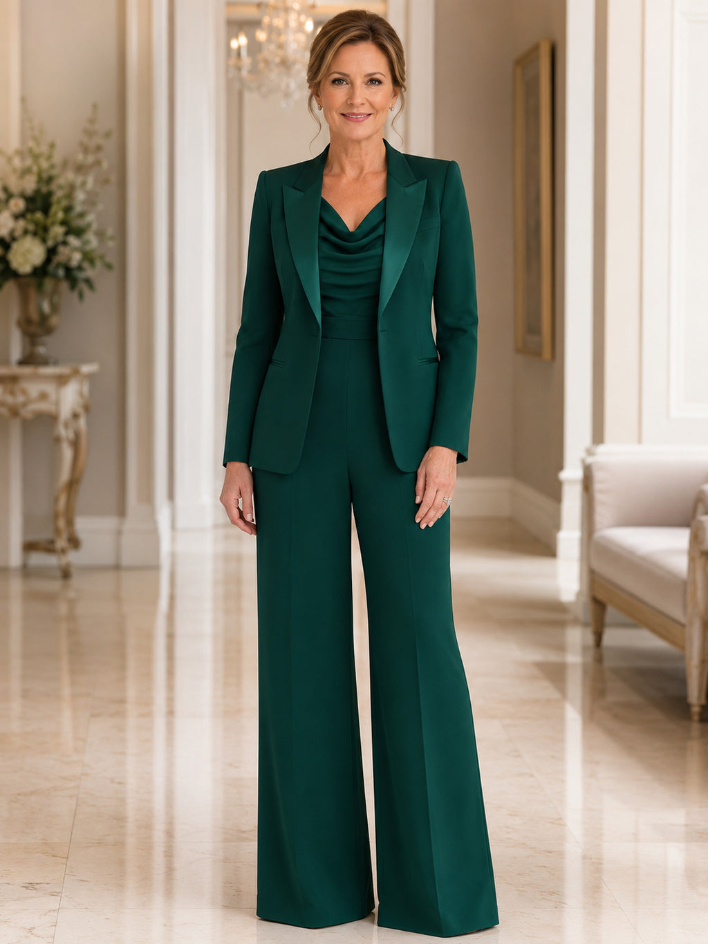 Dark Green Mother Jumpsuit with Cowl Neck Tailored Jacket and Wide Leg Pants front view