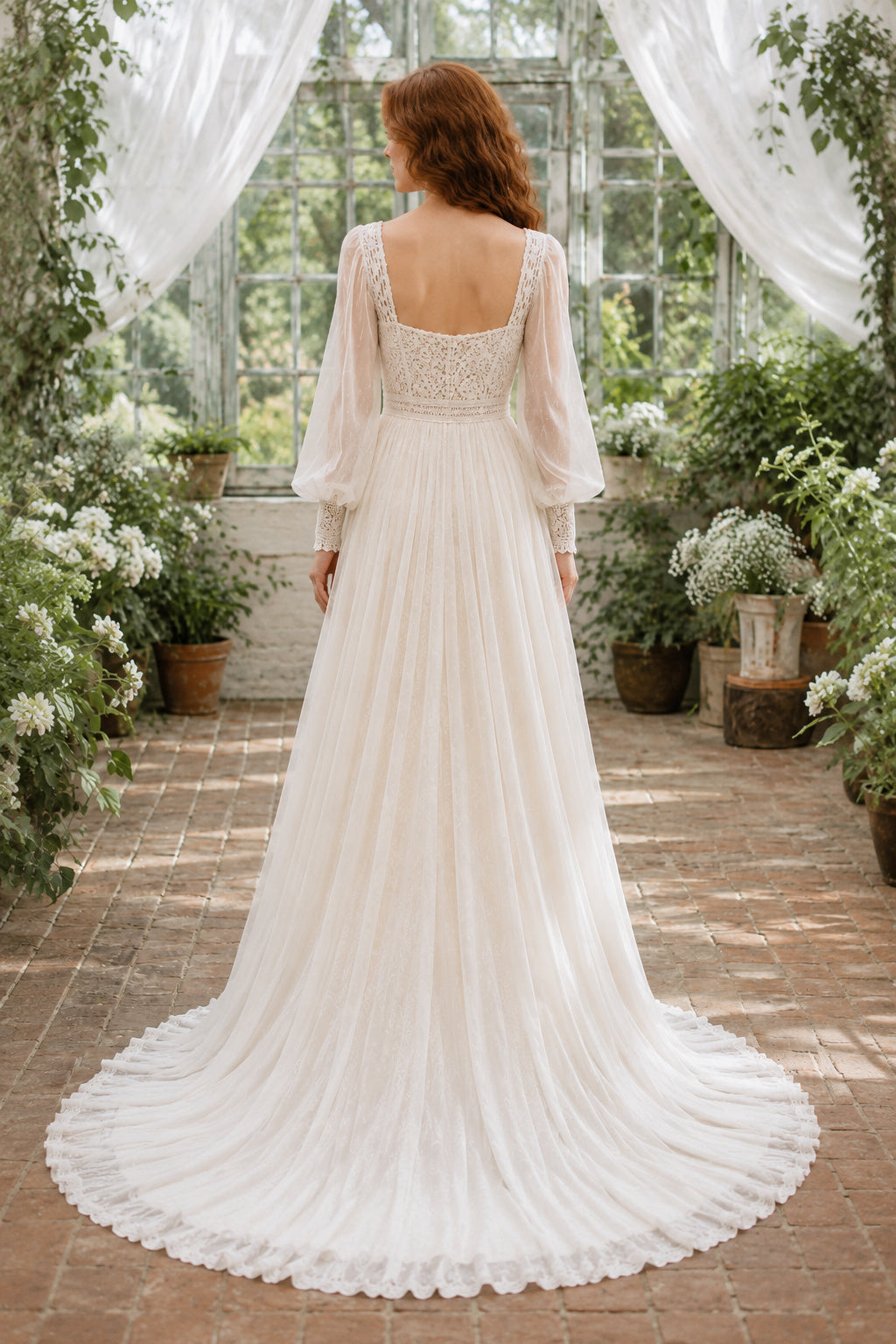 Ivory Square Neck Long Puff Sleeve Chiffon A-Line Wedding Dress with Train back view