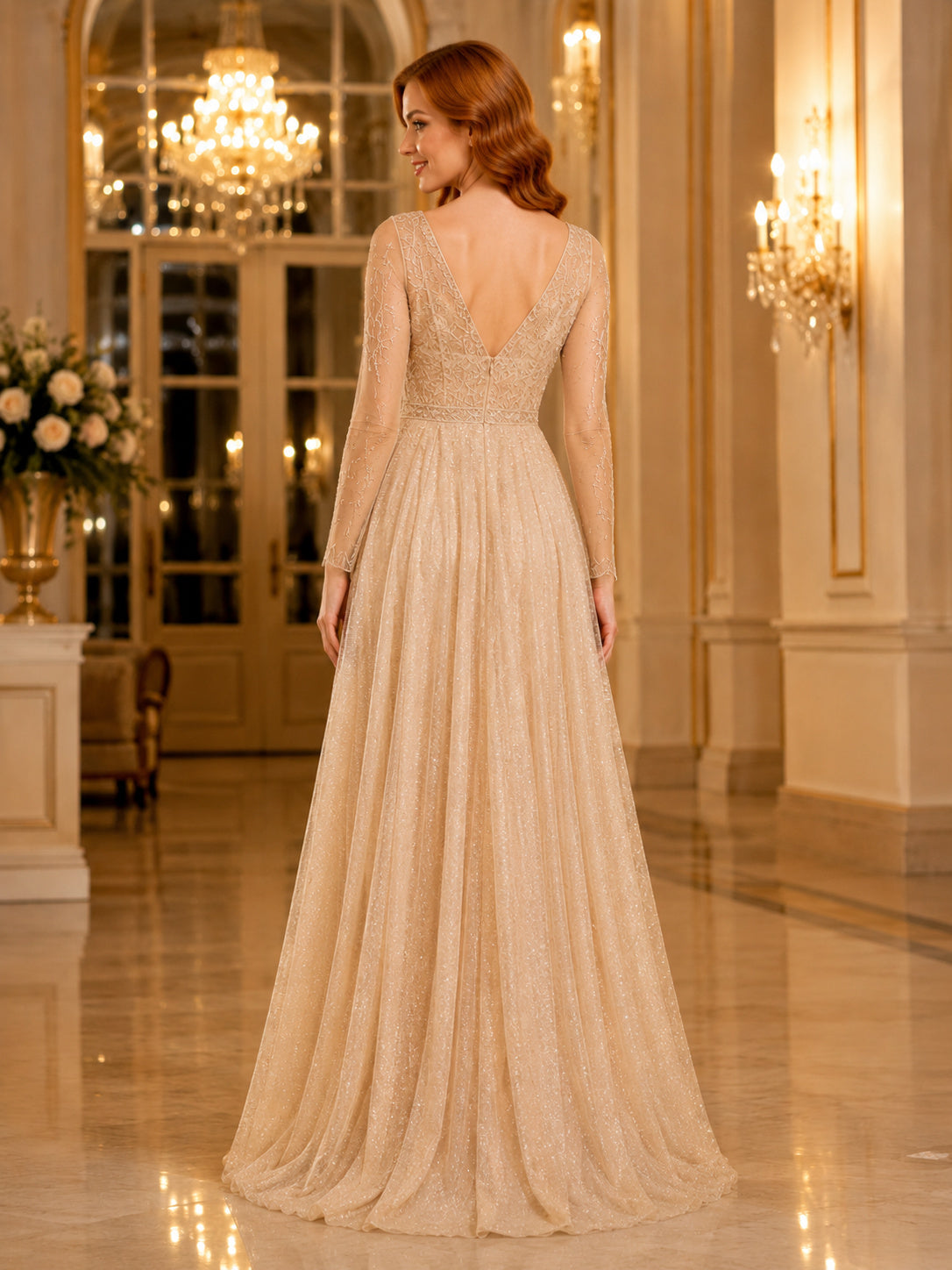 Gold Glitter Honor Court A Line Floor Length V Neck Long Sleeve Gown back view