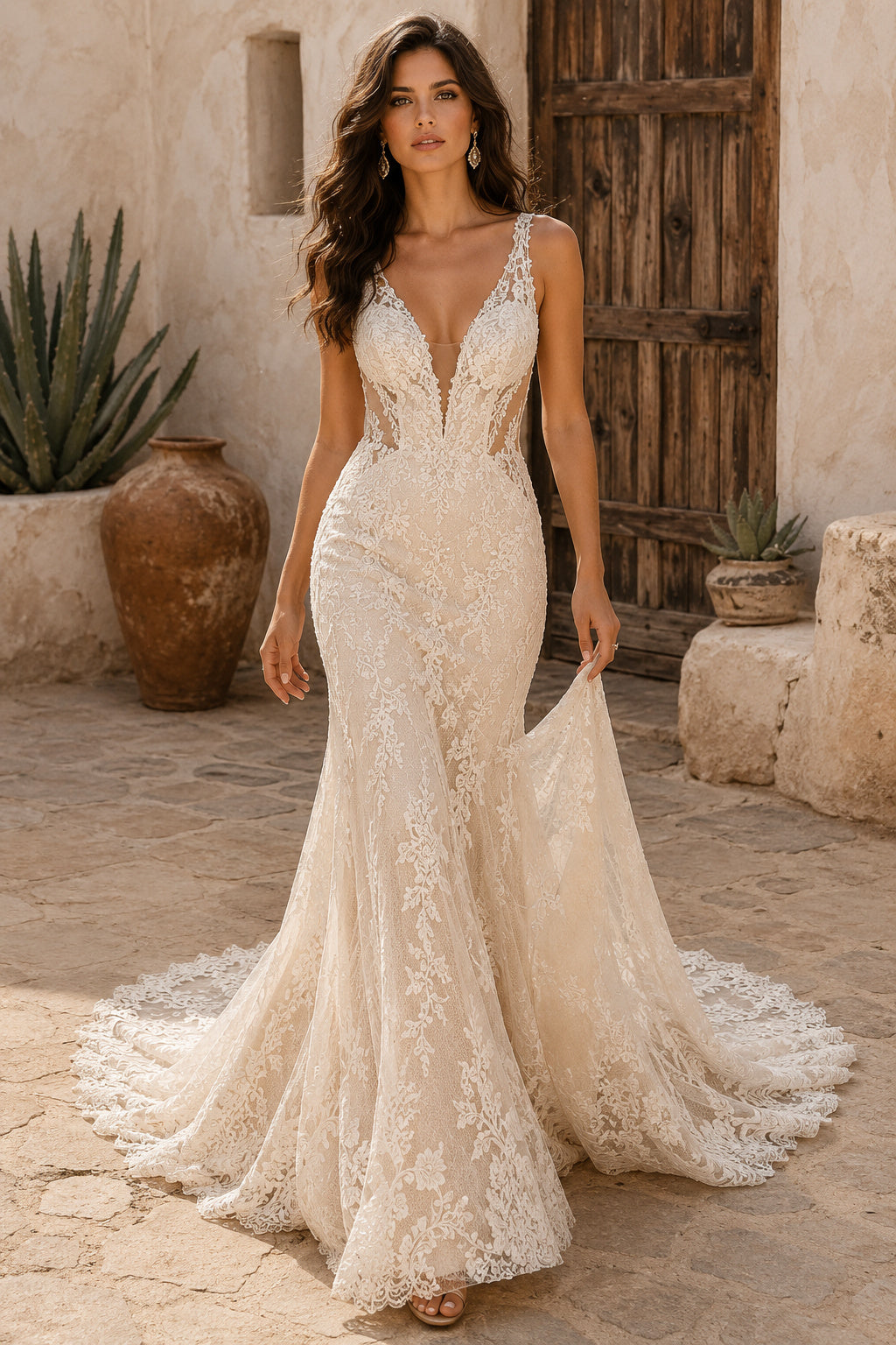 Ivory Spaghetti Strap Mermaid Lace Wedding Dress with Plunging Neckline and Train front view