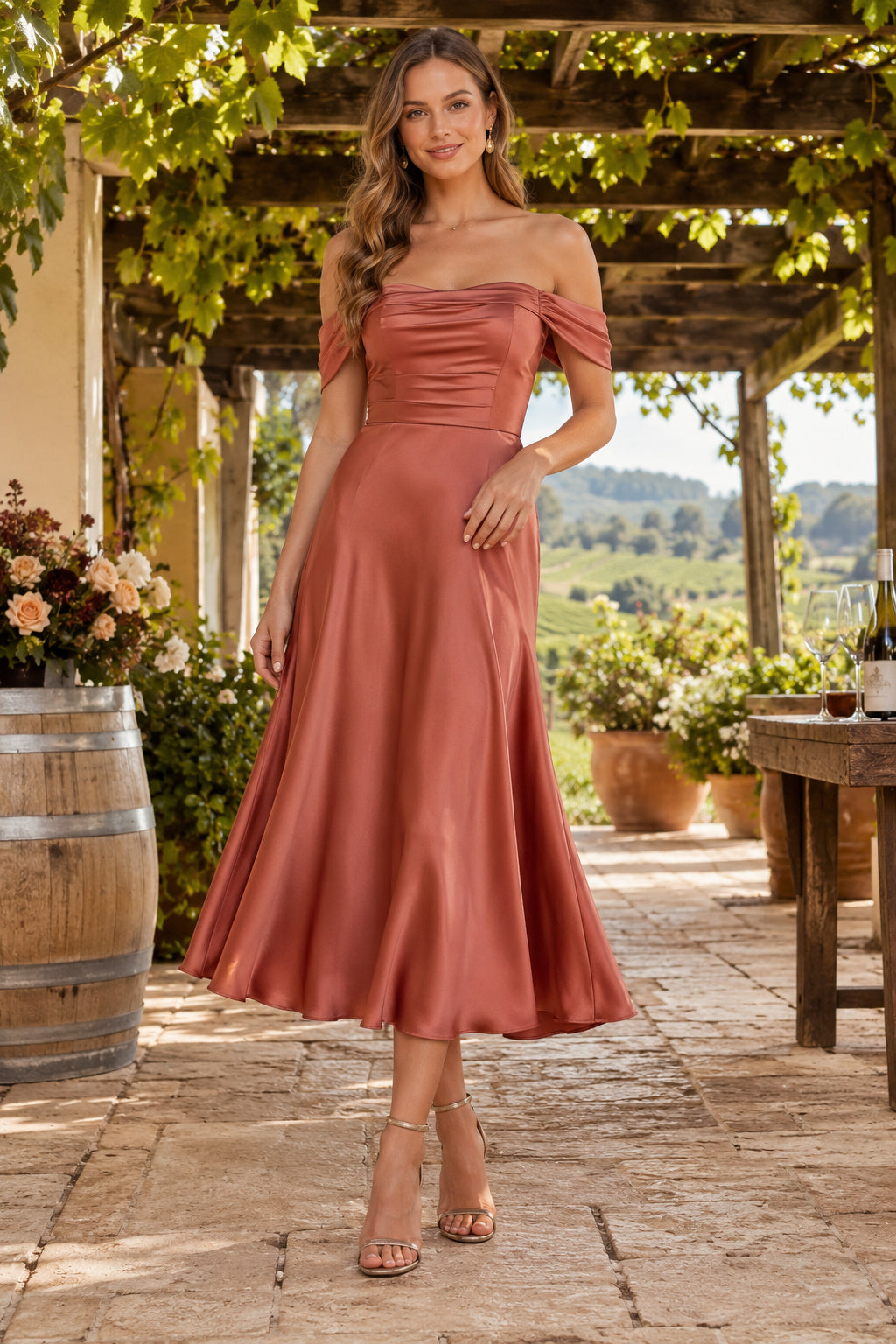 Papaya Satin A-Line Off-Shoulder Tea-Length Wedding Guest Dress front view