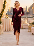 Burgundy long sleeve velvet wrap sheath midi party dress front view