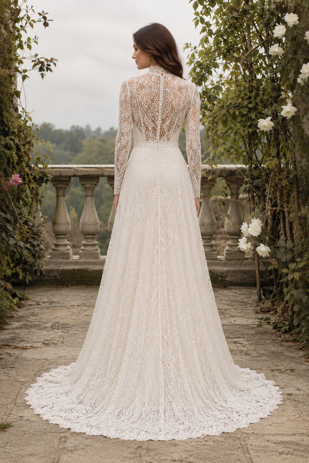 Ivory High Neck Long Sleeve Lace A-Line Wedding Dress Train for Wedding Ceremony and Reception Style MG_701475 back view