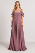Mauve Off-the-Shoulder A-Line Chiffon Floor-Length Dress With Beaded Waist
