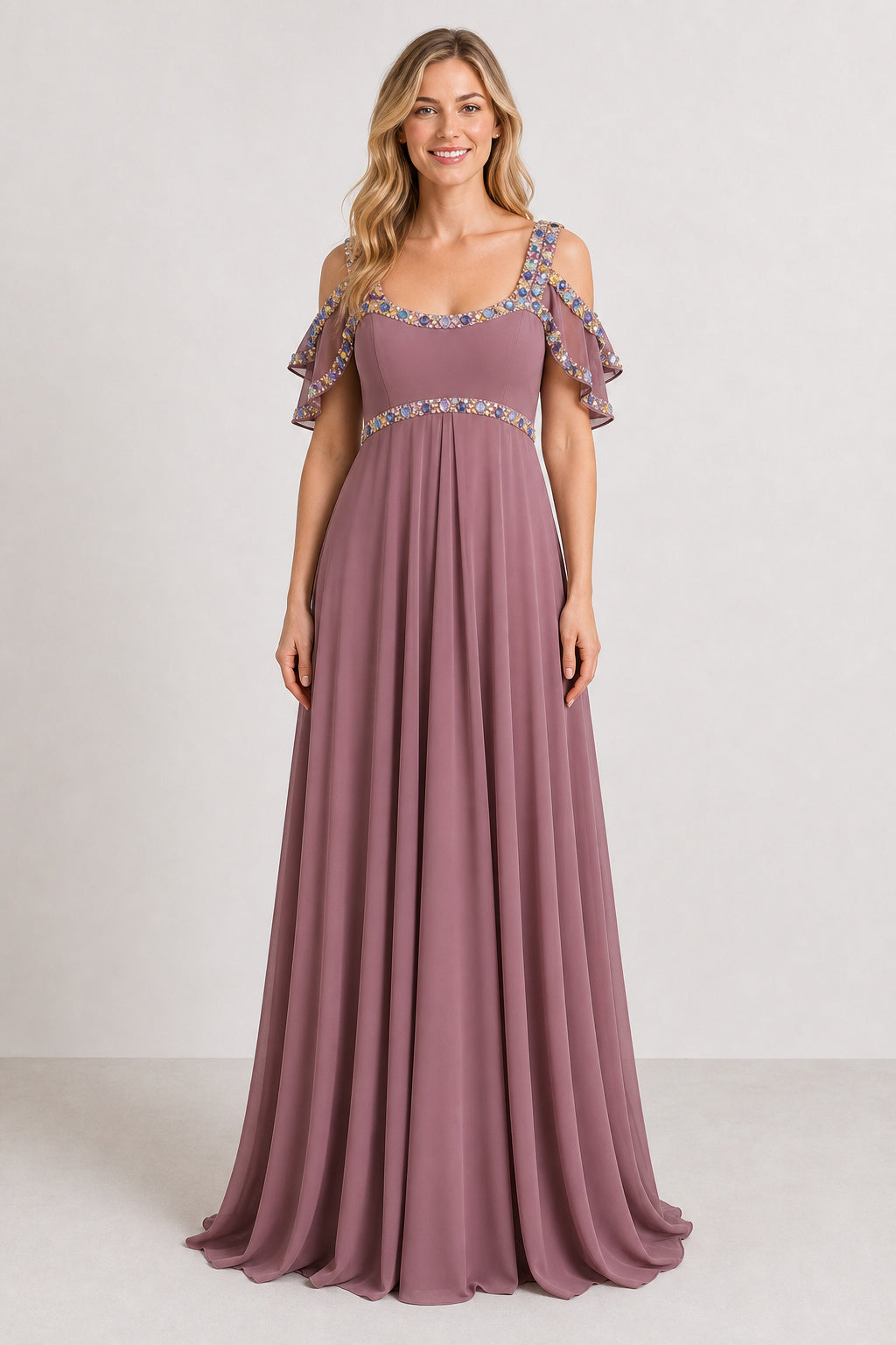 Mauve Off-the-Shoulder A-Line Chiffon Floor-Length Dress With Beaded Waist